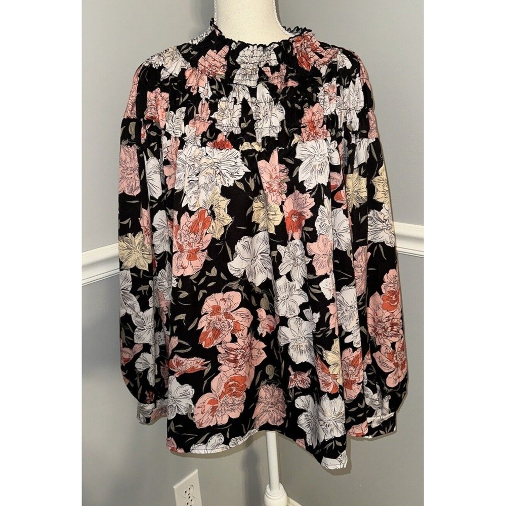 Blouse Womens L Floral High Neck Stretch Balloon Sleeves Button Wrist Smocked